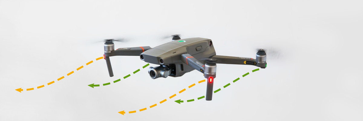 Ein fliegender Quadrokopter mit Positionslichtern, Kamera und eingezeichneten Bewegungsbahnen